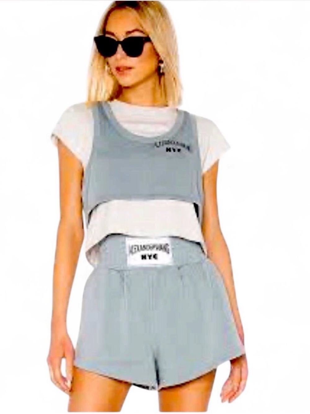 🆕 🔝 $525 ALEXANDERWANG.T GREY AND BLUE BI-LAYER CROP TOP & SHORTS in SEABLUE